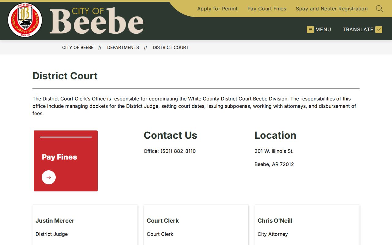 Beebe criminal records District Court information page