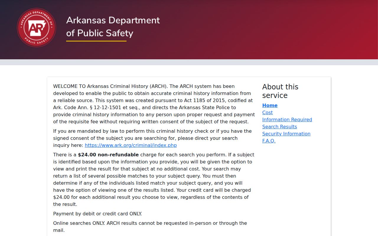 ARCH Arkansas criminal history search information