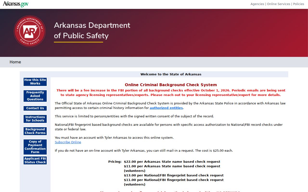 Arkansas online criminal background check system pricing