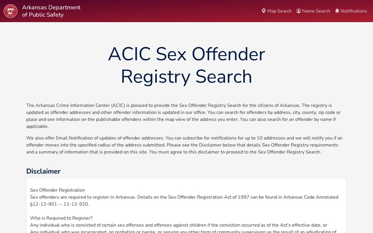 Arkansas Sex Offender Notification System public search form for White County